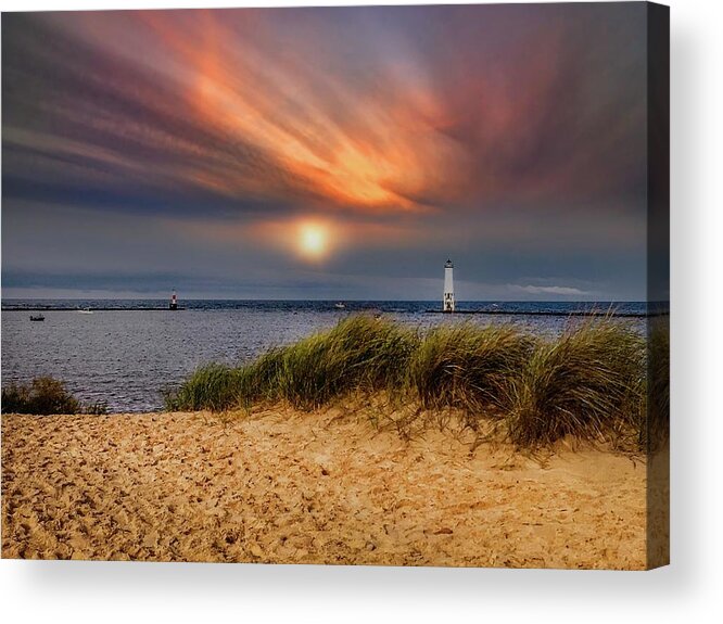 Northernmichigan Acrylic Print featuring the photograph Sunset at Betsie Harbor Entrance IMG_3653 by Michael Thomas