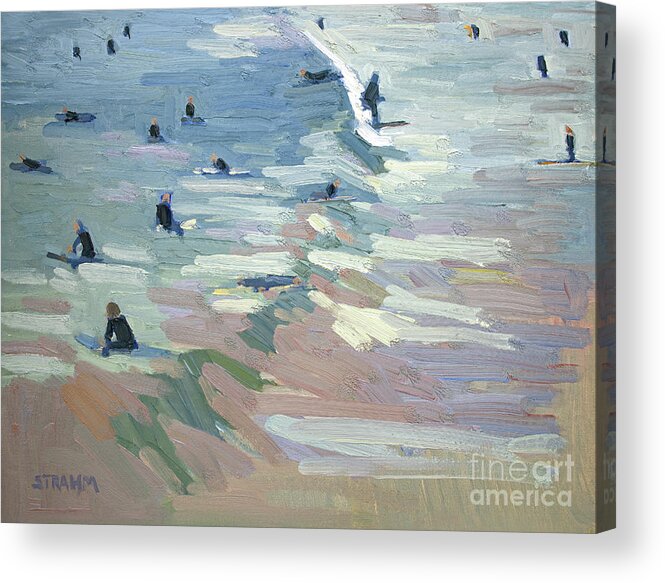 Surfing Acrylic Print featuring the painting Surfing USA - Surfers Waiting to Catch a Wave and Catching Waves in Southern California by Paul Strahm