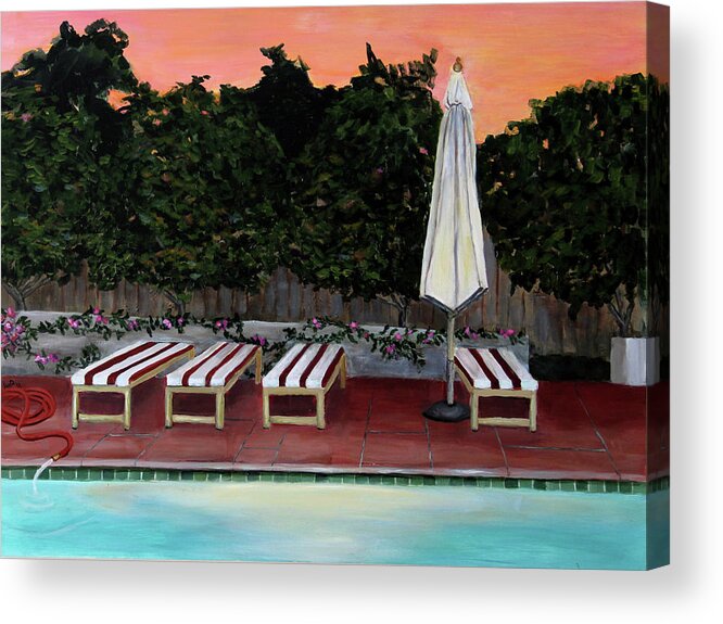 Dusk Acrylic Print featuring the painting Swimming Pool at Twilight Painting by Linda Queally by Linda Queally