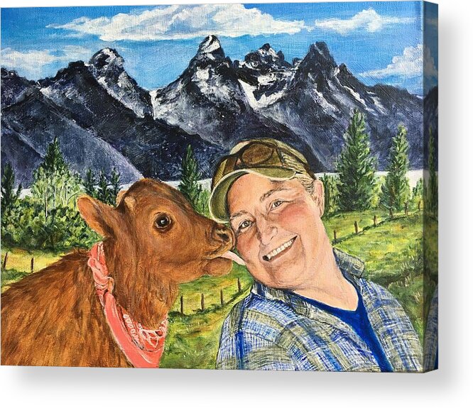Baby Cow Acrylic Print featuring the painting The Cow Kiss by Bonnie Peacher