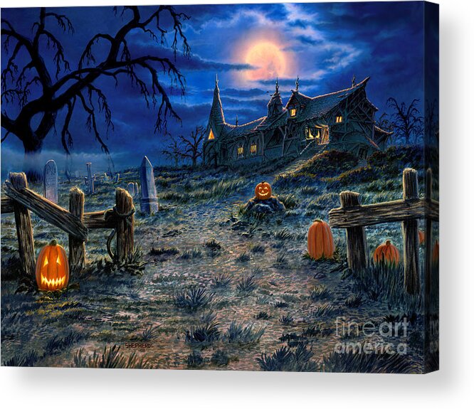 Halloween Acrylic Print featuring the painting The Haunted House by Stu Shepherd