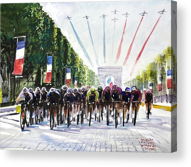 Le Tour De France Acrylic Print featuring the painting The Peloton and The Air Force. Stage 21, TDF 2021 by Shirley Peters