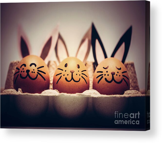 Easter Acrylic Print featuring the photograph Three painted smiling Easter eggs bunnies sitting in an egg carton. by Michal Bednarek
