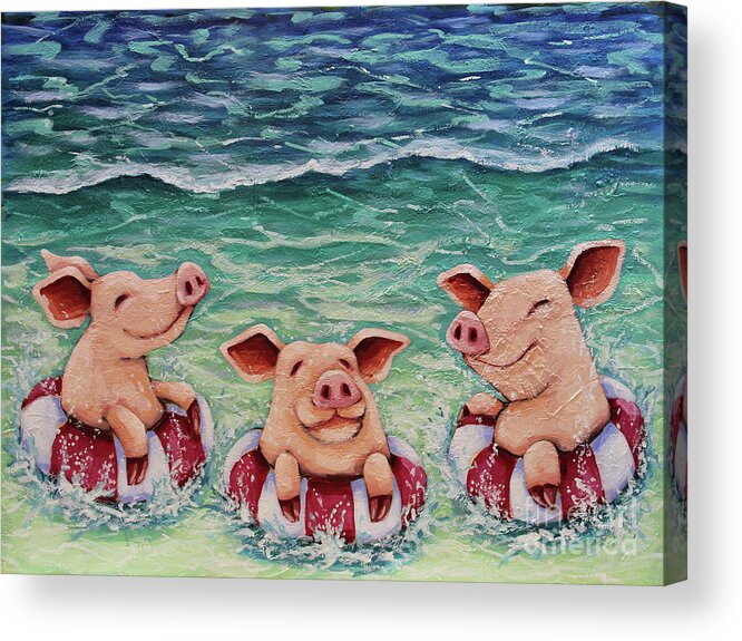 Pig Acrylic Print featuring the painting Three Swimming Pigs by Lucia Stewart