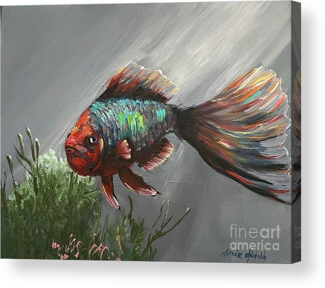 Tropical Fish Miroslaw Chelchowski Acrylic Painting On Canvas Ocean Fish Water Seascape Under The Sea Colors Red Blue Fin Seaweed Underwater Gray Deep In The Sea Ocean Beauty Acrylic Print featuring the painting Tropical fish by Miroslaw Chelchowski