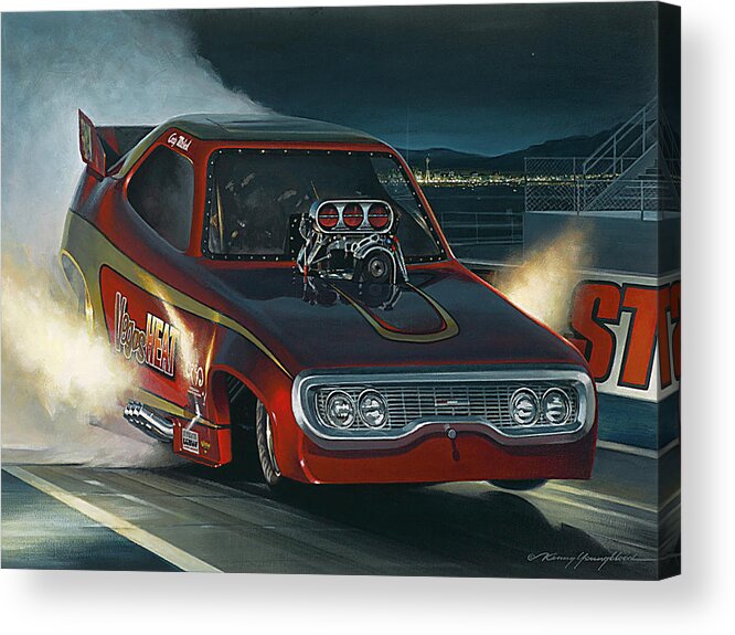 Nhra Funny Car Top Fuel Kenny Youngblood John Force Terry Mcmillan Nitro Drag Racing Acrylic Print featuring the painting Vegas Nights by Kenny Youngblood