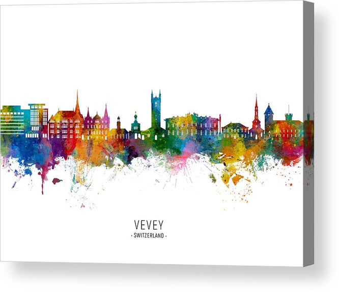 Vevey Acrylic Print featuring the digital art Vevey Switzerland Skyline #19 by Michael Tompsett