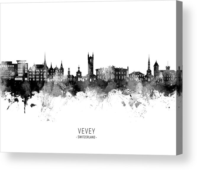 Vevey Acrylic Print featuring the digital art Vevey Switzerland Skyline #20 by Michael Tompsett