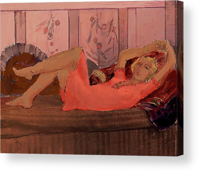 Red Acrylic Print featuring the painting Waiting by Thomas Tribby