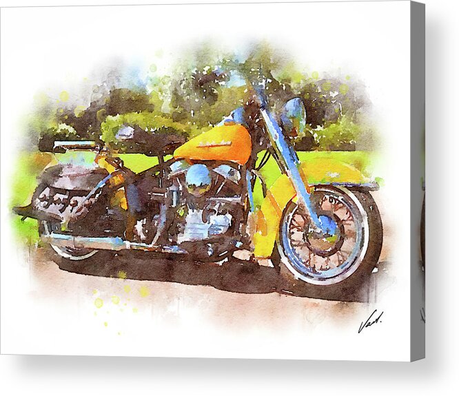 Art Acrylic Print featuring the painting Watercolor Classic Harley-Davidson Panhead by Vart. by Vart