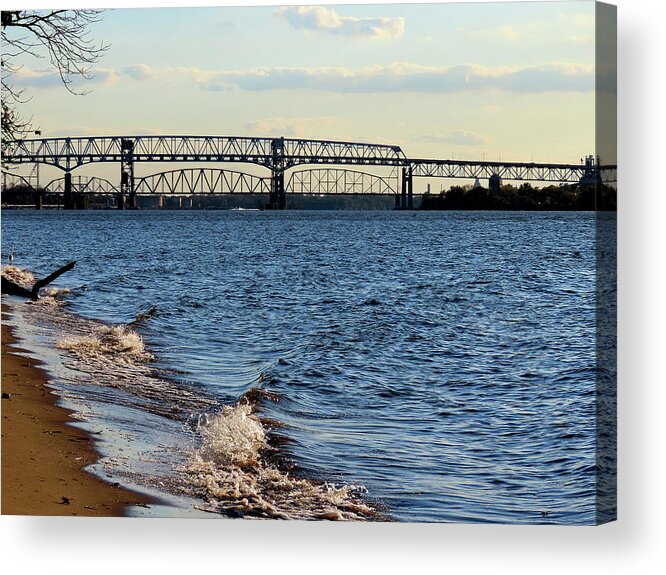 River Acrylic Print featuring the photograph Waves Lapping the Shore of the Delaware River Near Betsy Ross and Delair Memorial Railroad Bridges by Linda Stern