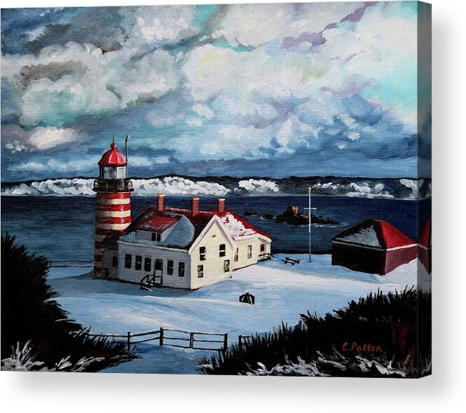 Lighthouse Acrylic Print featuring the painting West Quoddy In Winter by Eileen Patten Oliver