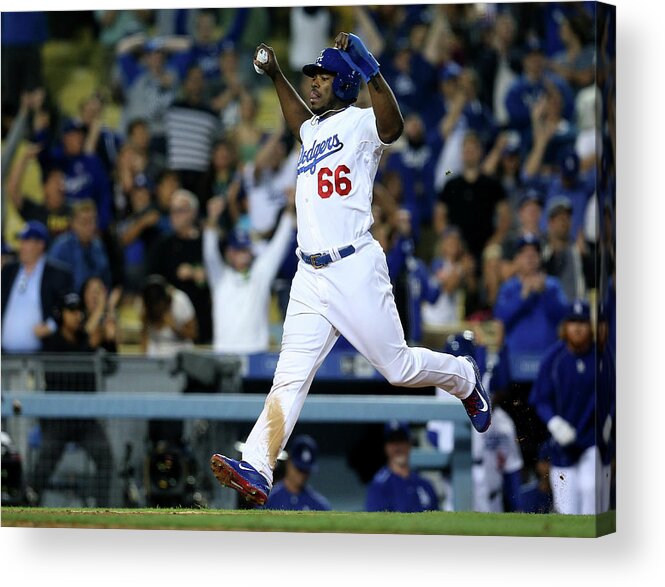 Ninth Inning Acrylic Print featuring the photograph Yasiel Puig and Howie Kendrick by Stephen Dunn