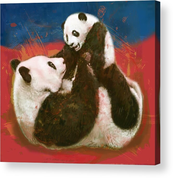 The Panda Melanoleuca Acrylic Print featuring the drawing Panda mum with baby - stylised drawing art poster #2 by Kim Wang