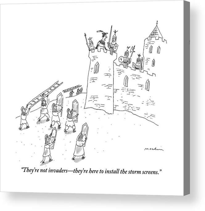 Windows Acrylic Print featuring the drawing A Bunch Of Commoners File Toward A Castle by Michael Maslin