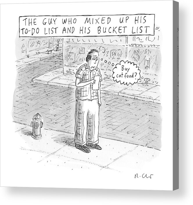 Captionless Acrylic Print featuring the drawing A Man Stares At A Piece Of Paper And Thinks Buy by Roz Chast