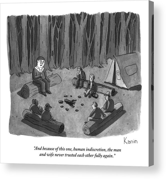 Fights- Marital Acrylic Print featuring the drawing A Man Tells A Scary Story To Campers by Zachary Kanin