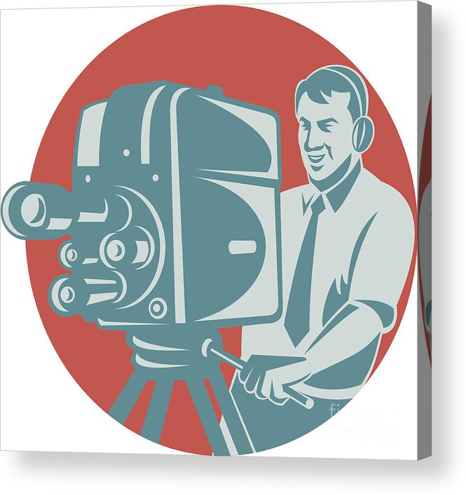 Cameraman Acrylic Print featuring the digital art Cameraman Filming With Vintage TV Camera by Aloysius Patrimonio