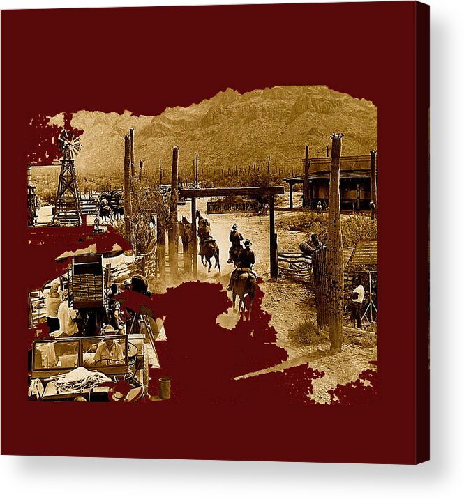 Film Homage The High Chaparral Set Collage Old Tucson Arizona Color Added Acrylic Print featuring the photograph Film homage The High Chaparral set collage Old Tucson Arizona c.1967-2013 by David Lee Guss