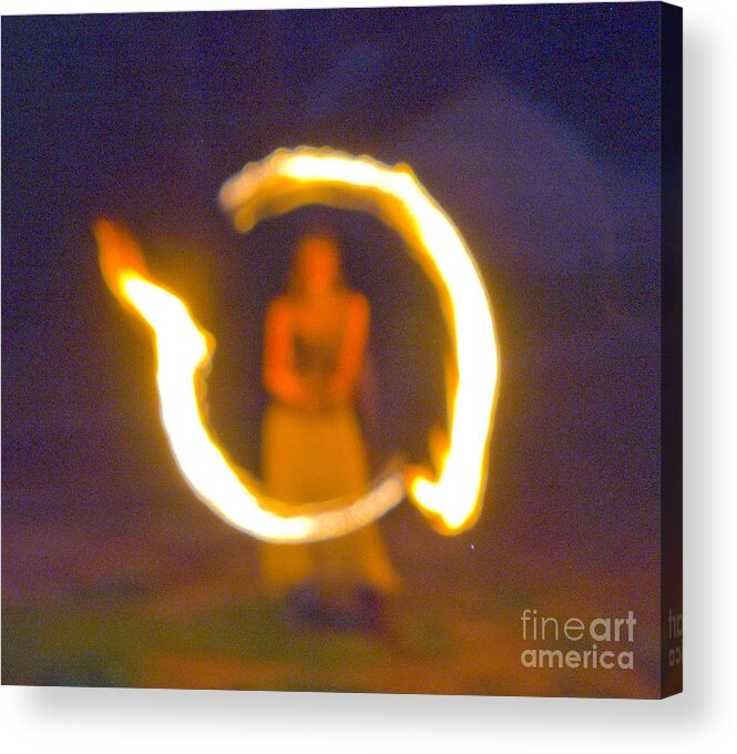 Fire Twirler Night Flame Woman Acrylic Print featuring the photograph Fire Twirler Alone by Gerald Grow