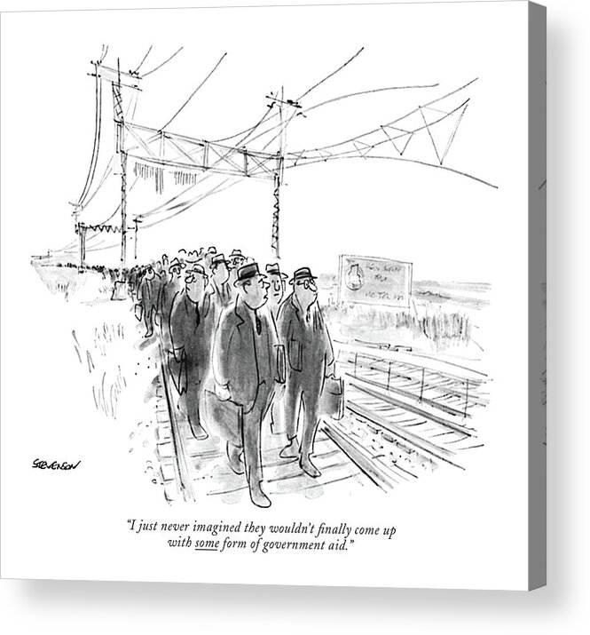82239 Jst James Stevenson (one Commuter To Another As They And A Throng Of Others Walk Along The Railroad Tracks Acrylic Print featuring the drawing I Just Never Imagined They Wouldn't ?nally Come by James Stevenson