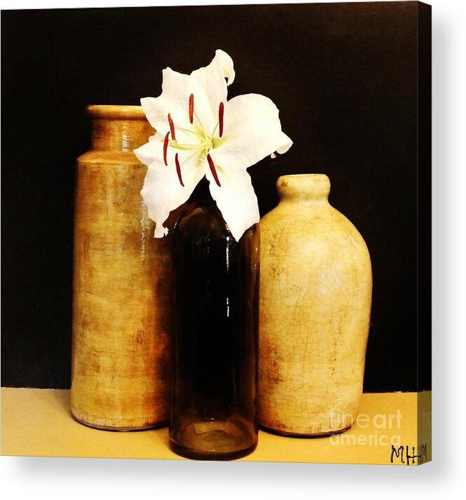 Photo Acrylic Print featuring the photograph Lily in a Bottle and Pottery by Marsha Heiken