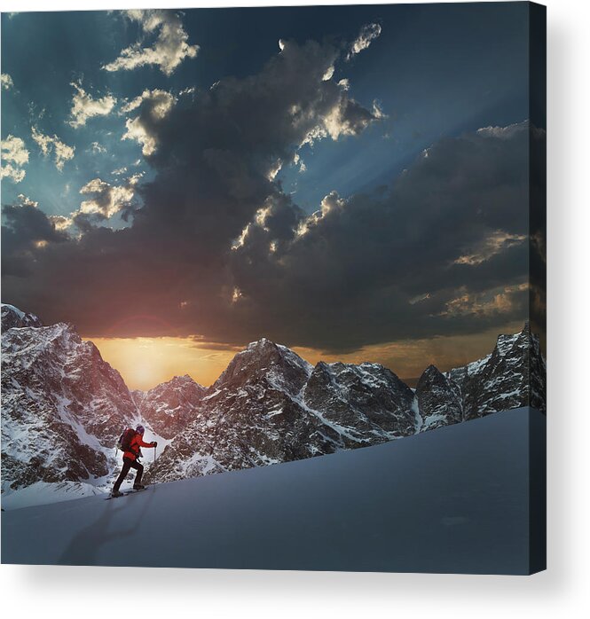 Scenics Acrylic Print featuring the photograph Lone Climber On A Snowy Slope At Sunrise by Buena Vista Images