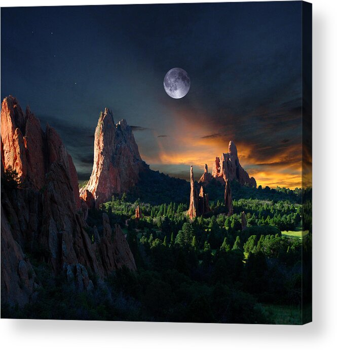 Colorado Acrylic Print featuring the photograph Morning Light at the Garden of the Gods with Moon by John Hoffman