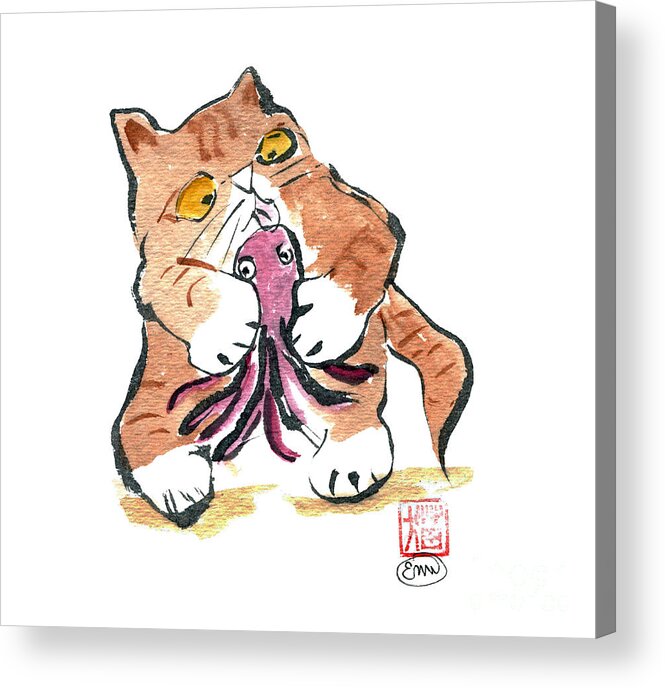 toy Octopus Acrylic Print featuring the painting Octopus Toy and Tiger Kitty by Ellen Miffitt