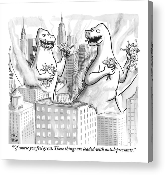 Godzilla Acrylic Print featuring the drawing Two Godzillas Talk To Each Other by Paul Noth