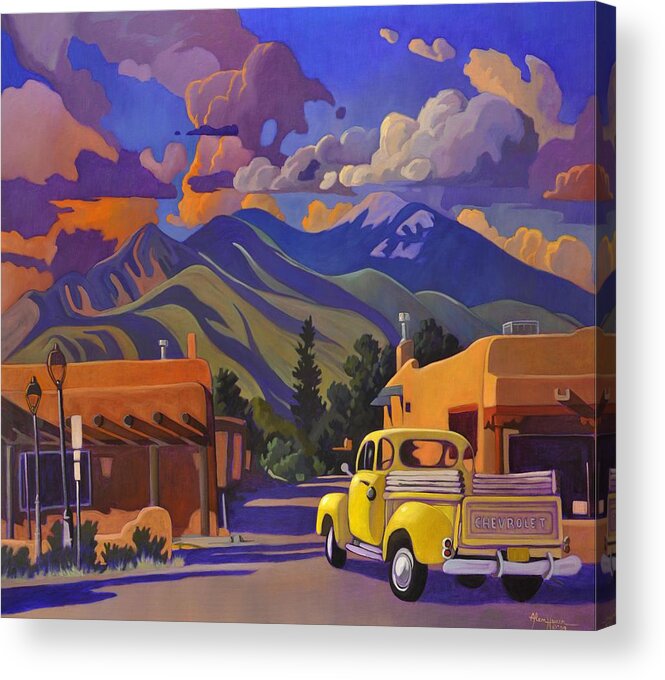 Taos Acrylic Print featuring the painting A Yellow Truck in Taos by Art West