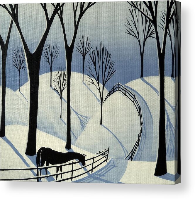 Folk Art Acrylic Print featuring the painting Country Winter Road - horse snow folk art by Debbie Criswell