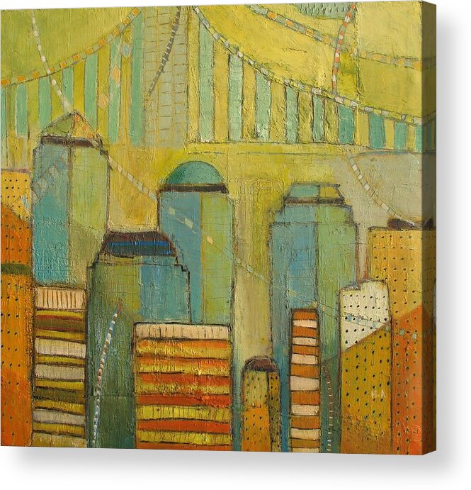 Abstract Colorful Cityscape Acrylic Print featuring the painting Downtown Manhattan by Habib Ayat