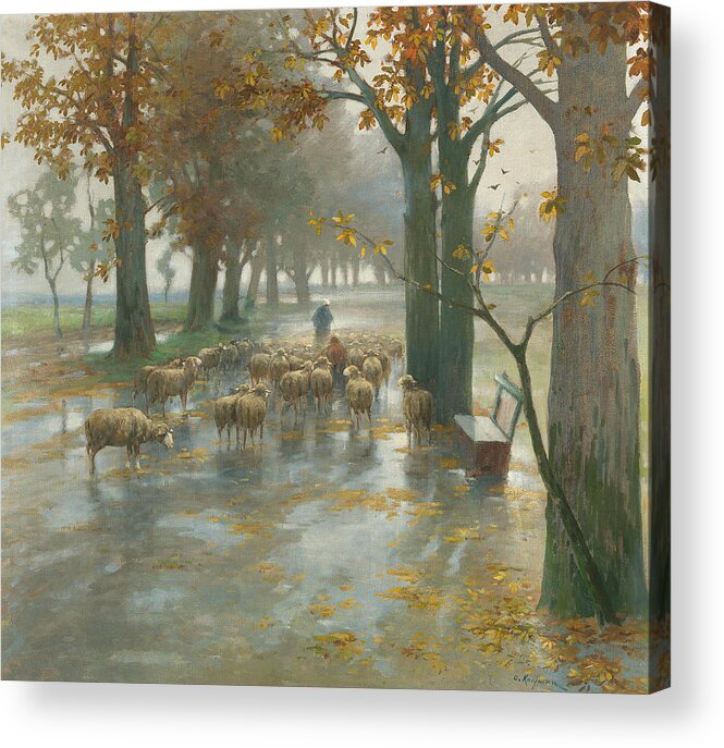 Adolf Kaufmann Acrylic Print featuring the painting Flock of Sheep with Shepherdess on a Rainy Day by Adolf Kaufmann