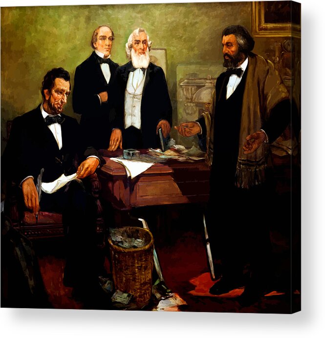 Frederick Douglass Acrylic Print featuring the painting Frederick Douglass appealing to President Lincoln by War Is Hell Store