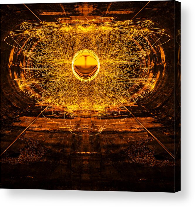 Hole Acrylic Print featuring the digital art Golden Spinning Sphere Reflection by Pelo Blanco Photo