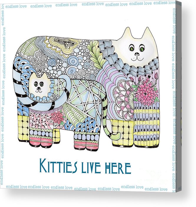 Kitties Cat Zentangle Doodles Acrylic Print featuring the tapestry - textile Kitties Live Here by Ruth Dailey