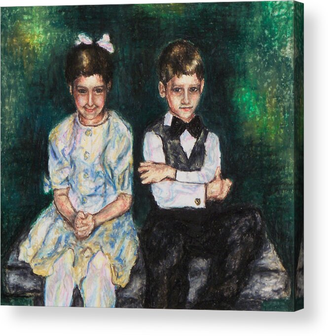 Oil Pastel Acrylic Print featuring the painting Niece and Nephew at the Wedding by Laurie Tietjen