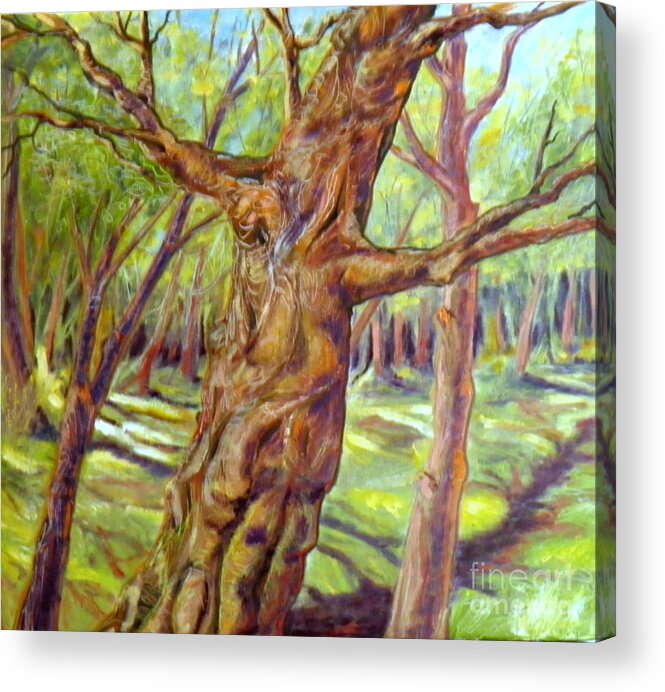 Tree Old Landscape Grass Moss Light Shadow Trunks Bark Branches Knots Leaves Sky Clouds Path Sunlight Dark Woods Forest Green Blue Yellow White Brown Orange Purple Pink Red Acrylic Print featuring the painting Old Tree by Ida Eriksen