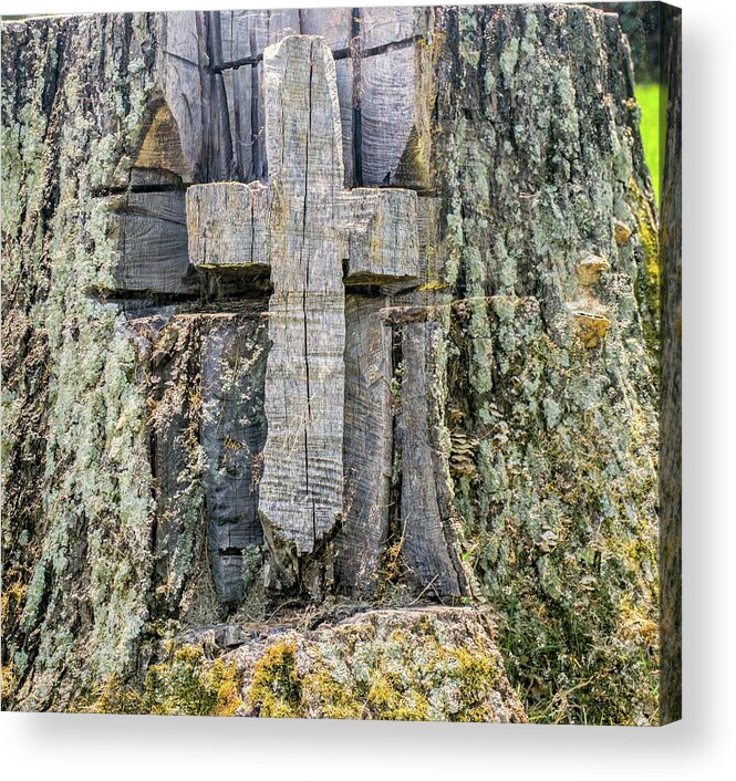 Old Acrylic Print featuring the photograph Old Wooden Cross Carved in Stump by Douglas Barnett