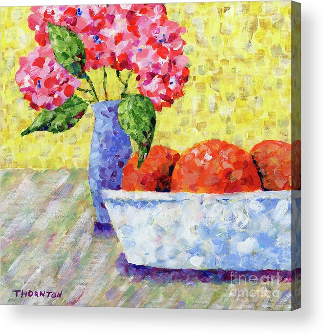 Oranges Acrylic Print featuring the painting Oranges in Bowl with Flowers by Diane Thornton