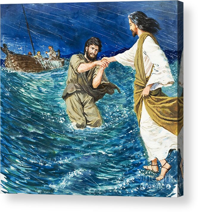 Jesus Christ Acrylic Print featuring the painting The Miracles of Jesus Walking on Water by Clive Uptton