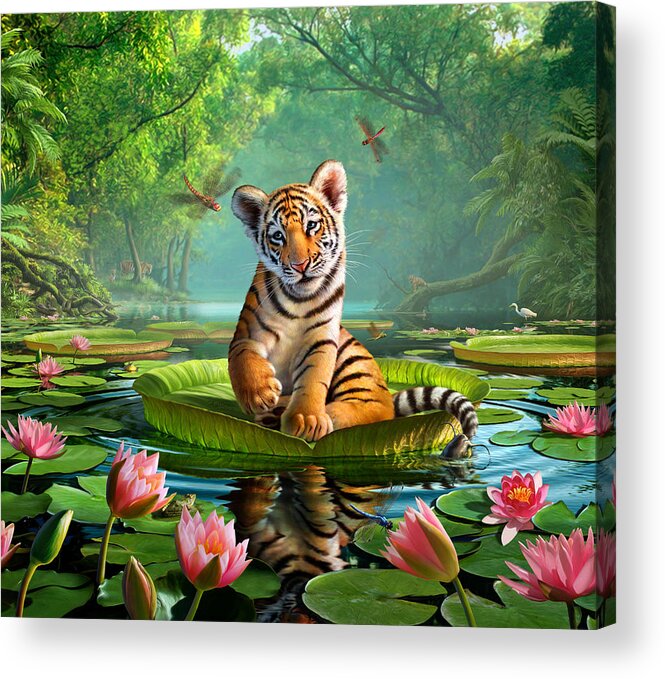 Most Popular Best Seller Tiger Dragonfly Turtle Frog Catfish Egret Duck Python Snake Swamp Marsh Water Reflection Lily Pads Flowers Trees Tropical Humid Misty India Asia Cute Adorable Sweet Playful Nibble Exotic Pond Ripples Morning Adventure Funny Humorous Colorful Nature Wildlife Tiger Cub Beautiful Stripes Acrylic Print featuring the digital art Tiger Lily 1 by Jerry LoFaro