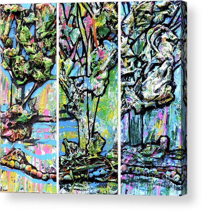 Trees Acrylic Print featuring the mixed media Triptych Of Three Trees By A Brook by Genevieve Esson