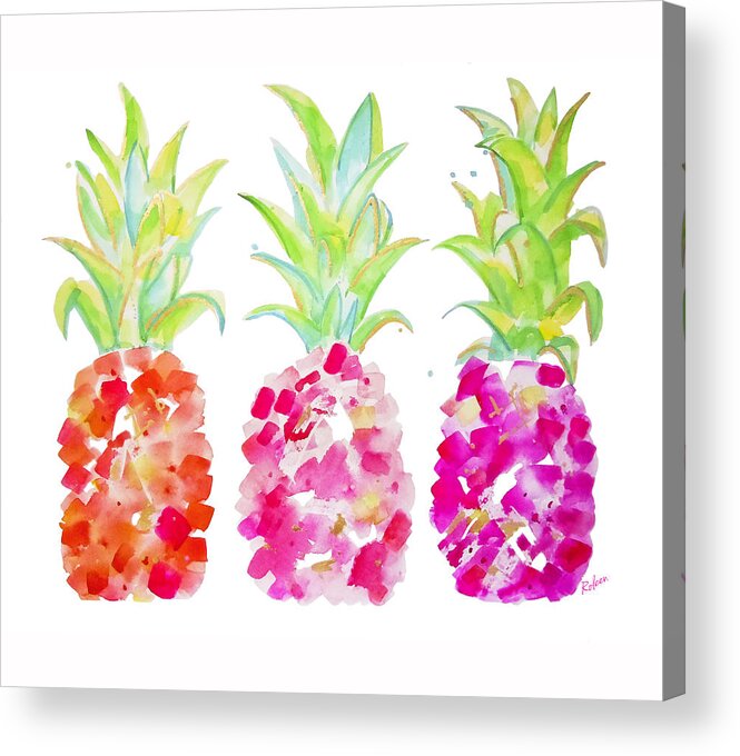 Pineapple Print Acrylic Print featuring the painting Tropical Pink and Gold by Roleen Senic