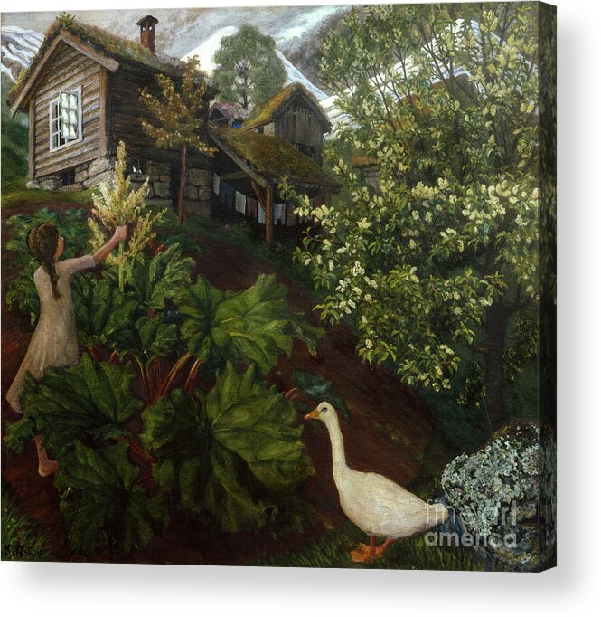Landscape Acrylic Print featuring the painting Wet golden spring night with rhubarb and bird cherry by Nikolai Astrup