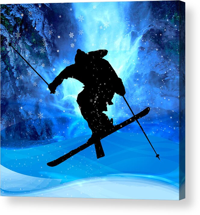 Ski Acrylic Print featuring the painting Winter Landscape and Freestyle Skier by Elaine Plesser