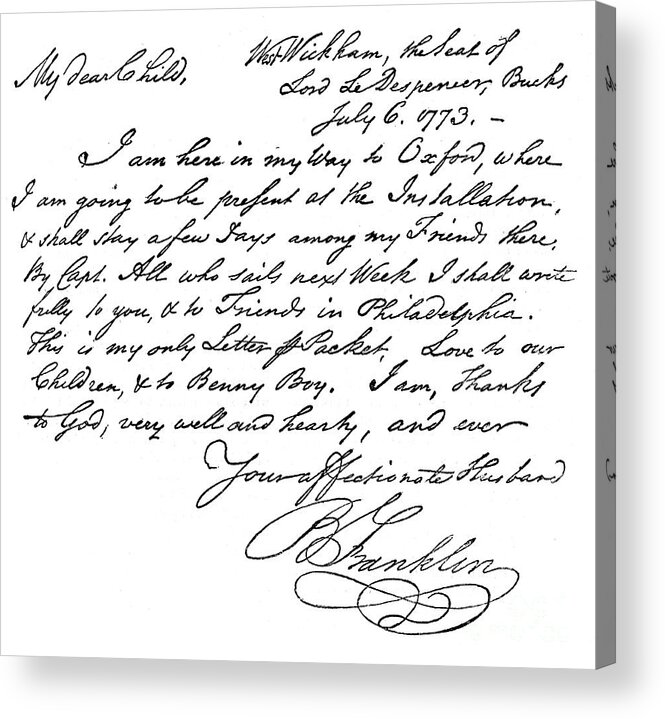 Engraving Acrylic Print featuring the drawing Facsimile Of A Letter From Benjamin #1 by Print Collector