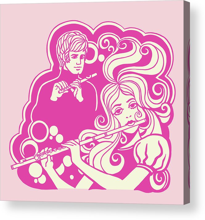Adult Acrylic Print featuring the drawing Man and Woman Playing Flutes #1 by CSA Images