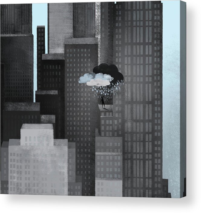 Problems Acrylic Print featuring the digital art A Person On A Skyscraper Under A Storm by Jutta Kuss